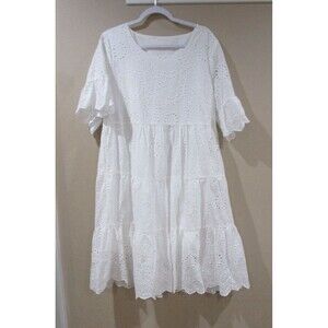 NWT Chou Yatou Summer Lace Eyelet Dress Women XL White Cotton Long Ruffle Sleeve